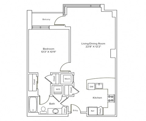 Floor plan for 1 bed, 1 bath, 754 sqft